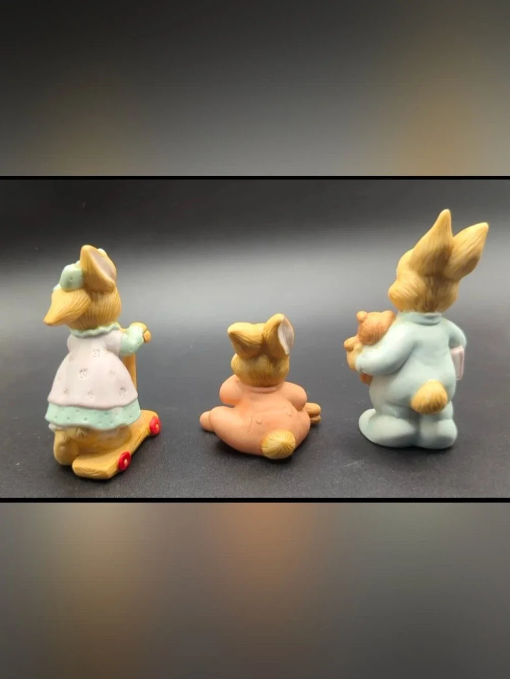 HOMCO Bunnies Figurine Set #1466, 3 pc Lot Scooter Teddy Bear Easter Rabbits VTG